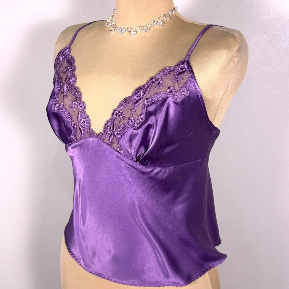 Y2K Victorias Secret Purple Satin Lace Trim Camisole Backless Top Tie Back Med